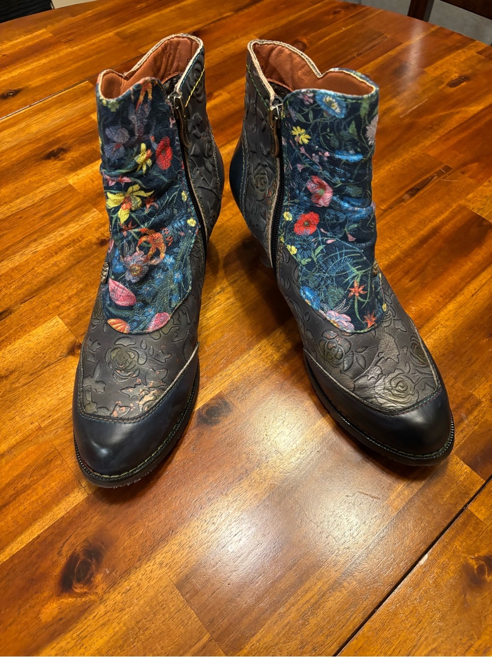 Embroidered Floral Black Ankle Booties, L’Artiste